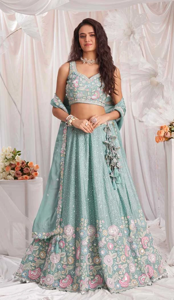 Sea Green Poly Chiffon Sequins Work Wedding Wear Lehenga Choli - 10892196876