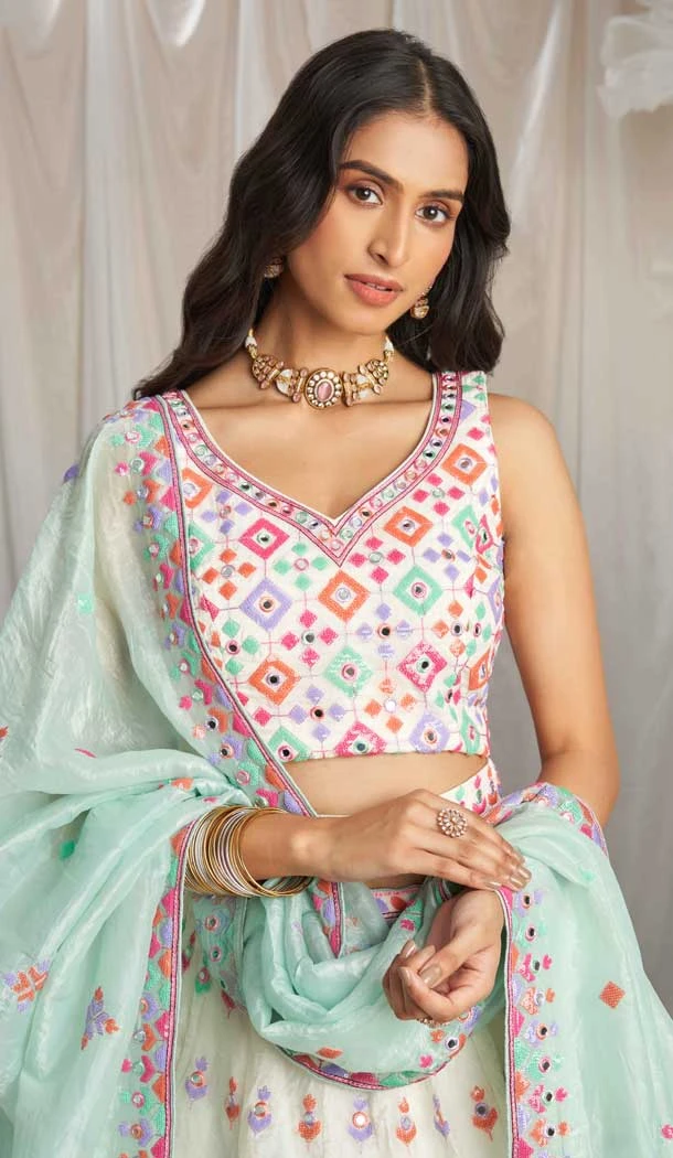 Cream Organza Sequins Work Wedding Wear Lehenga Choli - 10892196877