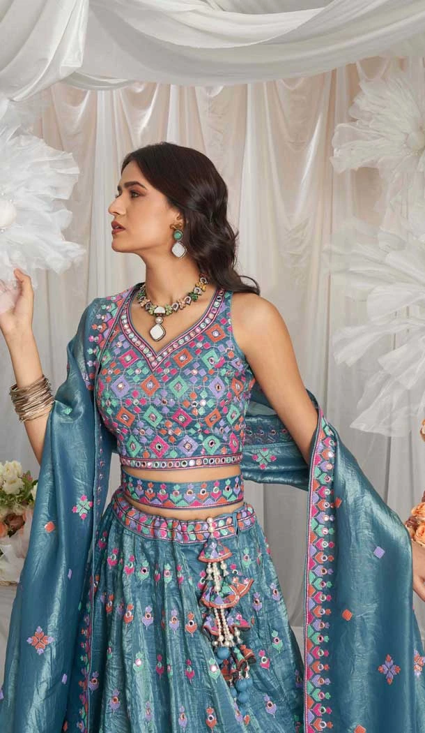 Teal Blue Organza Sequins Work Wedding Wear Lehenga Choli - 10892196878