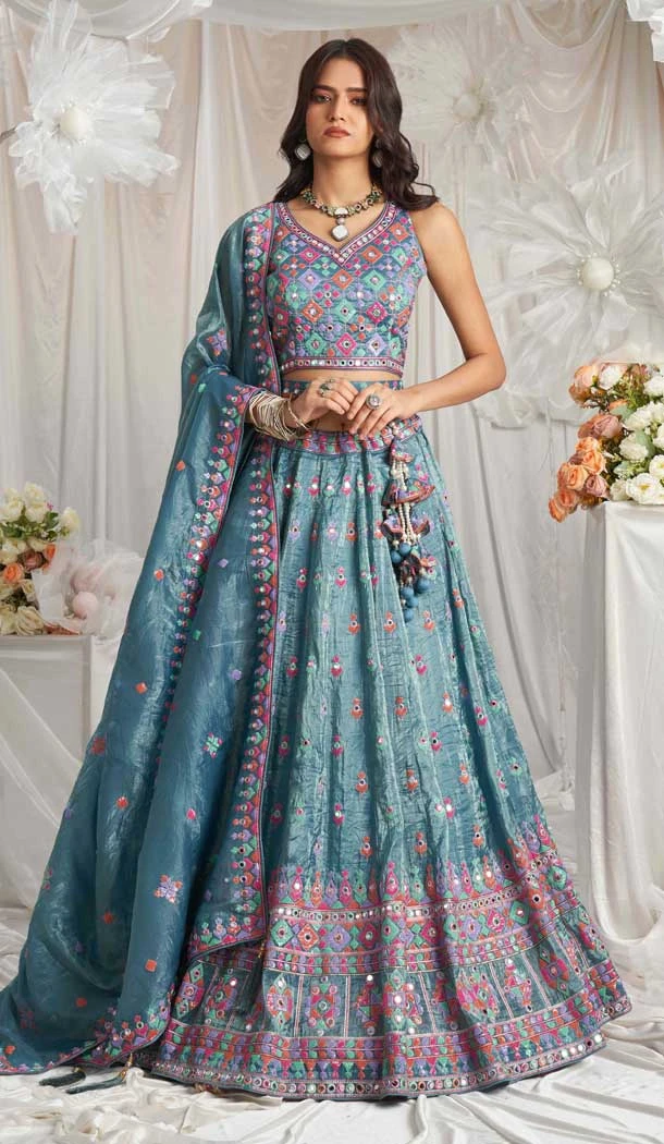 Teal Blue Organza Sequins Work Wedding Wear Lehenga Choli - 10892196878