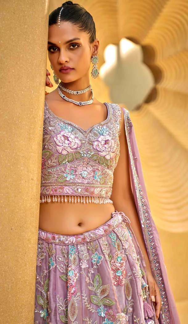 Lavender Organza Sequins Work Wedding Wear Lehenga Choli - 10892196879