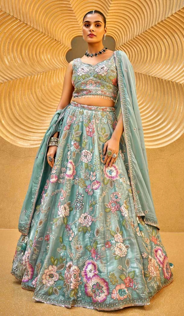 Sea Green Organza Sequins Work Wedding Wear Lehenga Choli - 10892196880