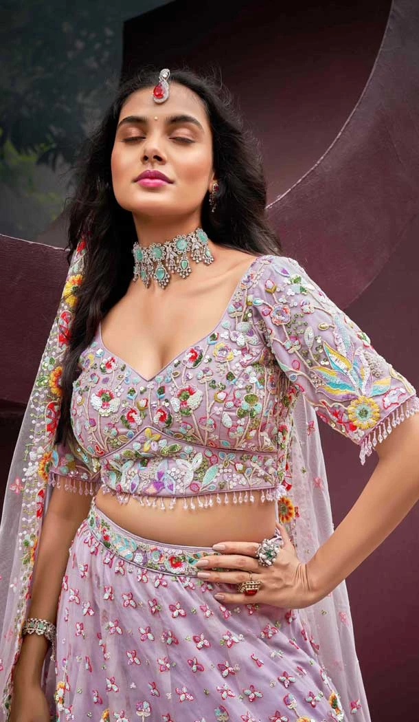 Mauve Net Embroidery Work Wedding Wear Lehenga Choli - 10892196881