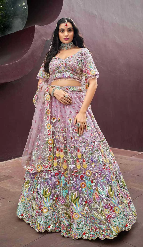 Mauve Net Embroidery Work Wedding Wear Lehenga Choli - 10892196881