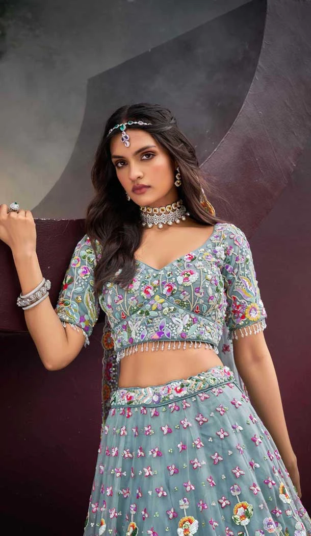 Turquoise Blue Net Embroidery Work Wedding Wear Lehenga Choli - 10892196882