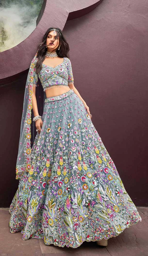 Turquoise Blue Net Embroidery Work Wedding Wear Lehenga Choli - 10892196882