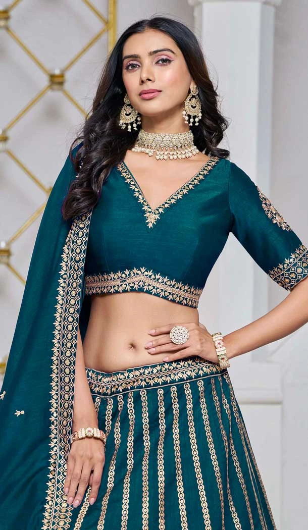 Teal Blue Art Silk Embroidered Designer Wear Lehenga Choli - 10941197336