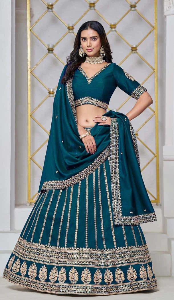 Teal Blue Art Silk Embroidered Designer Wear Lehenga Choli - 10941197336