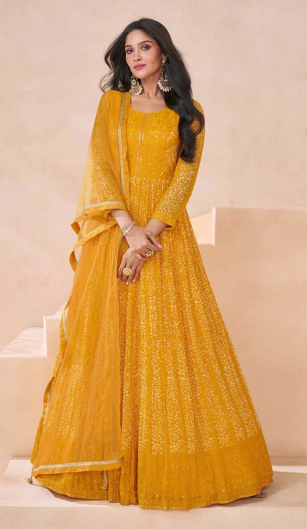 Georgette Embroidery Work Anarkali Salwar Suit In Yellow - 10943197343