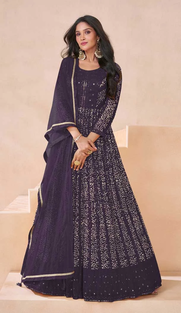 Georgette Embroidery Work Anarkali Salwar Suit In Purple - 10943197344