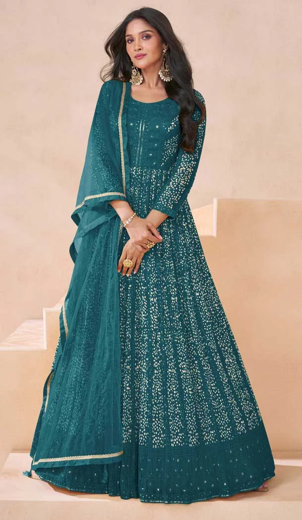 Georgette Embroidery Work Anarkali Salwar Suit In Teal Blue - 10943197345