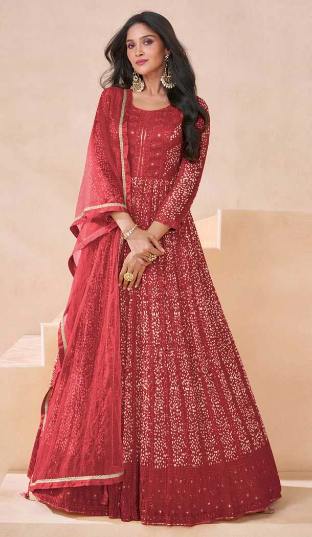 Georgette Embroidery Work Anarkali Salwar Suit In Red - 10943197346