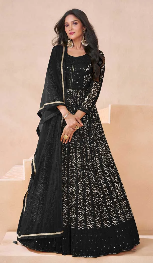 Georgette Embroidery Work Anarkali Salwar Suit In Black - 10943197347