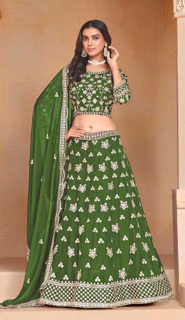 Green Organza Resham Work Traditional Wear Lehenga Choli - 10946197359