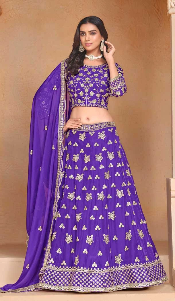 Purple Organza Resham Work Traditional Wear Lehenga Choli - 10946197360