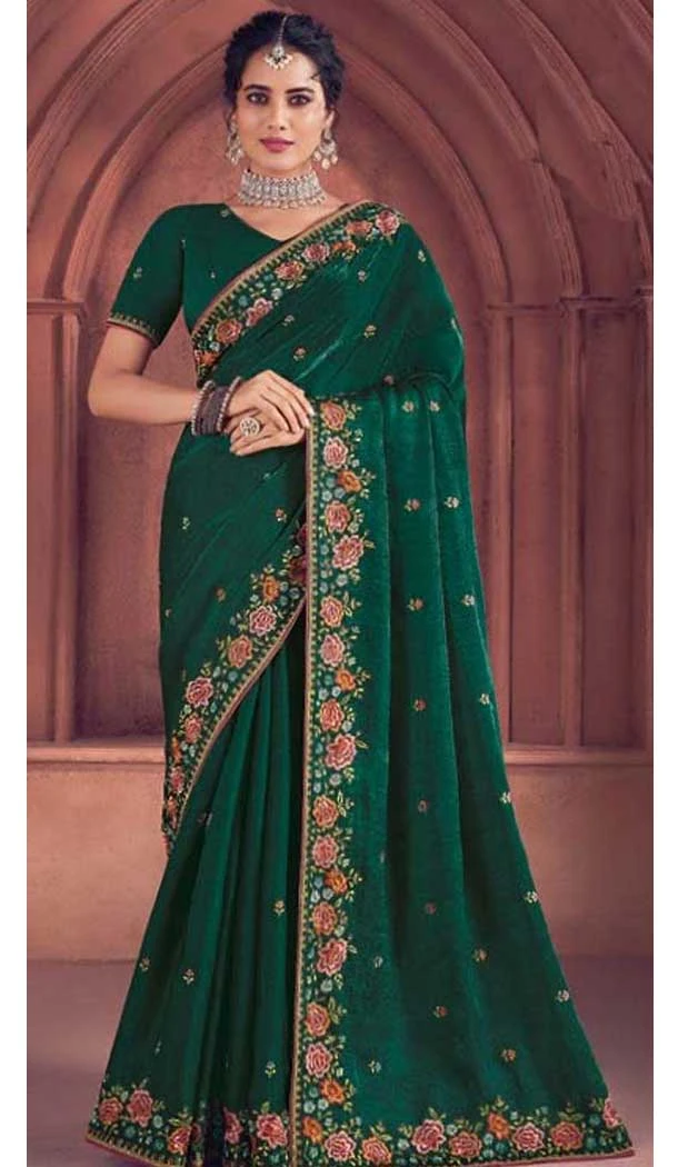 Bottle Green Organza Sequence Work Party Wear Saree - 10987197786