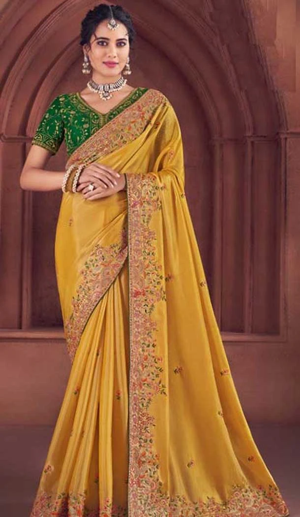 Mustard Organza Sequence Work Party Wear Saree - 10987197788