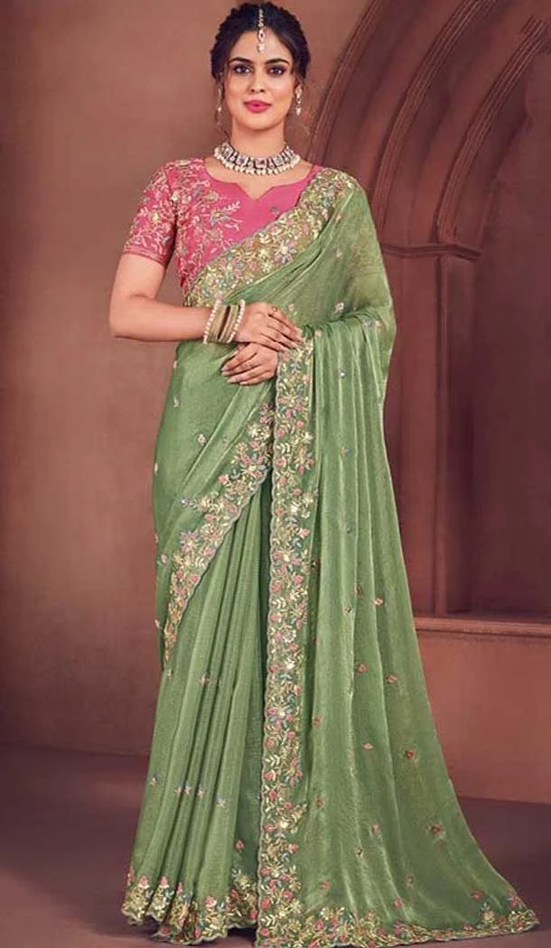 Pista Green Organza Sequence Work Party Wear Saree - 10987197789