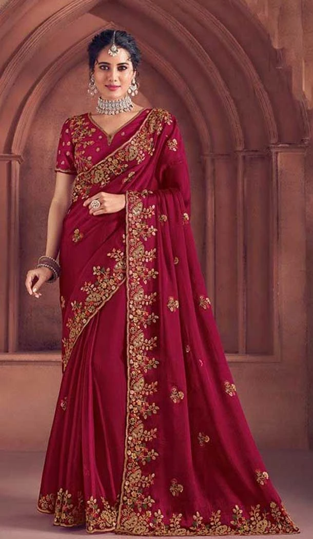 Rani Pink Organza Sequence Work Party Wear Saree - 10987197793