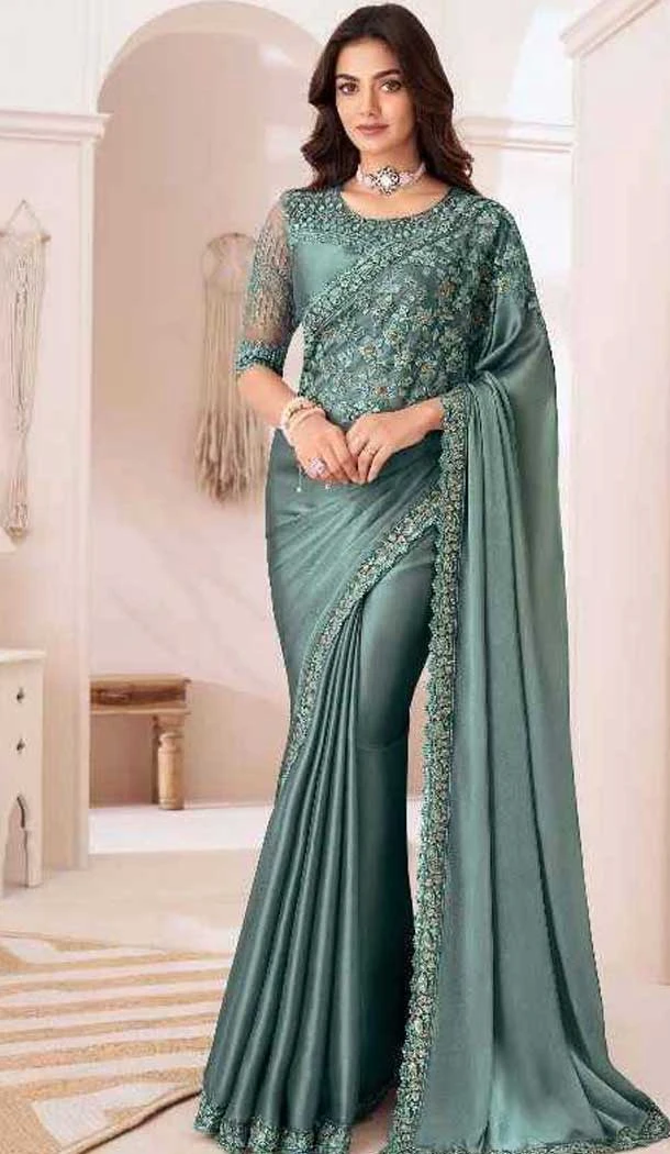 Satin Chiffon Resham Work Party Wear Saree In Mint Green - 10988197795