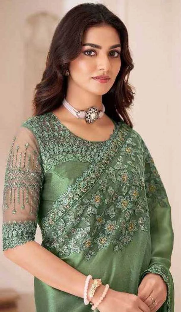 Satin Chiffon Resham Work Party Wear Saree In Green - 10988197796