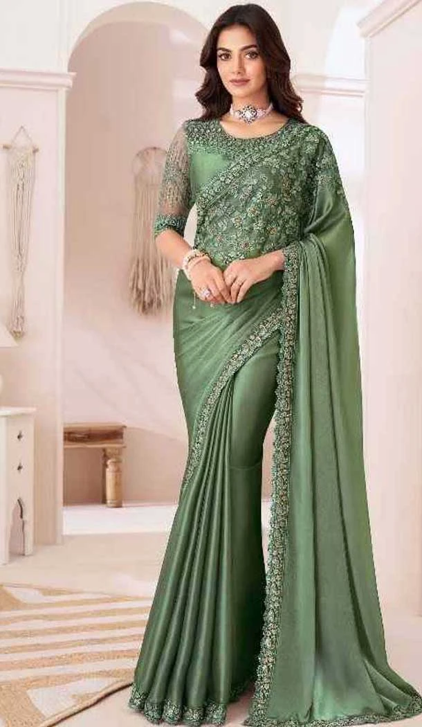 Satin Chiffon Resham Work Party Wear Saree In Green - 10988197796