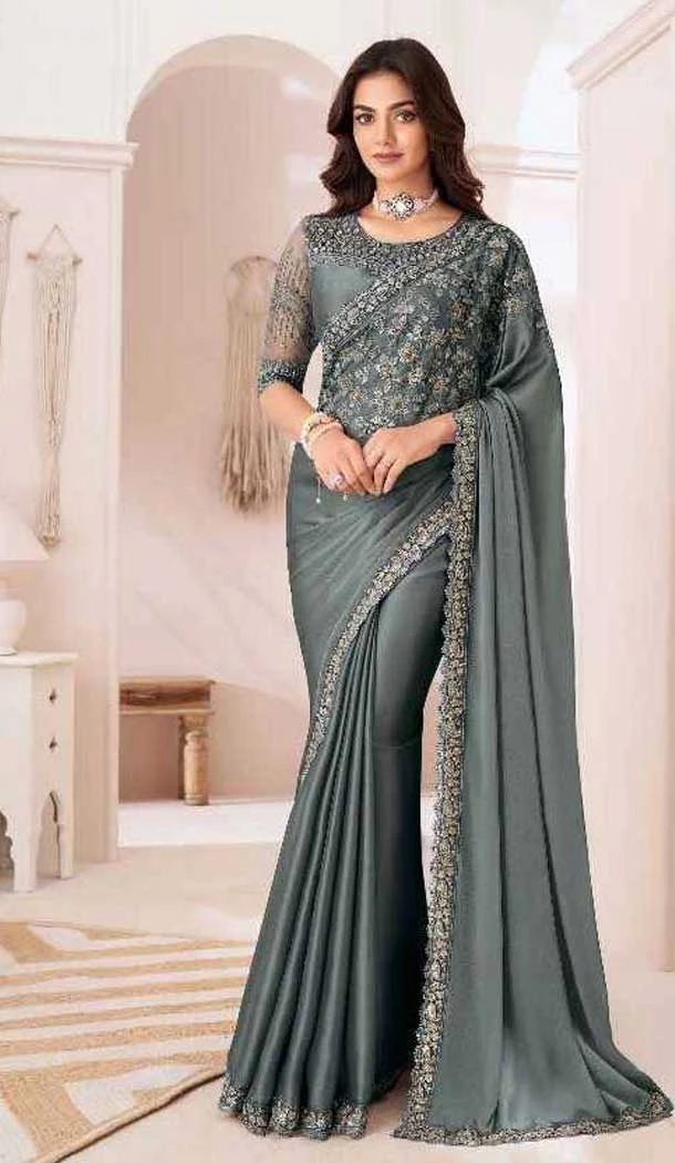 Satin Chiffon Resham Work Party Wear Saree In Grey - 10988197797
