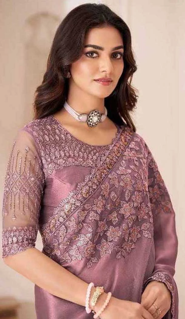 Satin Chiffon Resham Work Party Wear Saree In Mauve Pink - 10988197798