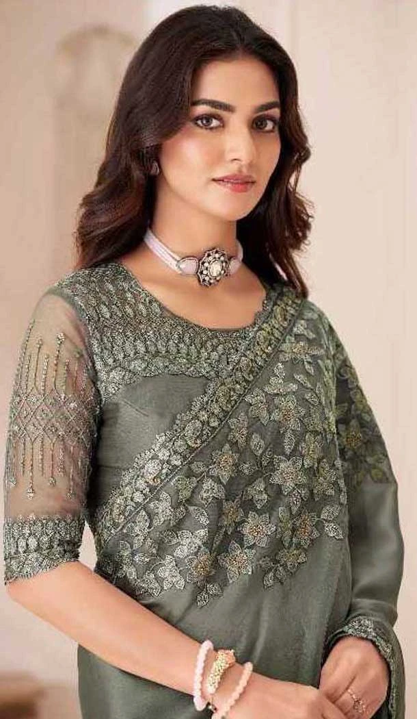Satin Chiffon Resham Work Party Wear Saree In Dark Grey - 10988197799