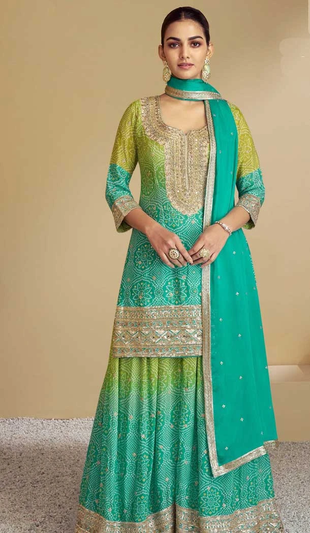 Green Chinon Sequins Work Palazzo Salwar Suit - 10940197329
