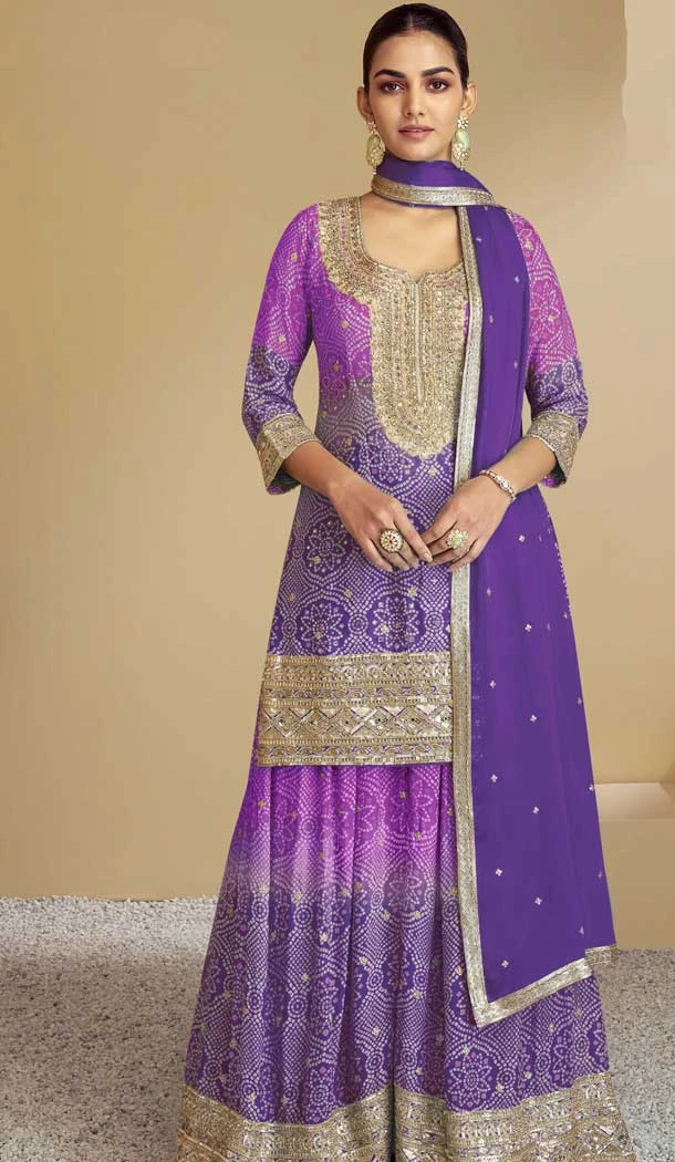 Purple Chinon Sequins Work Palazzo Salwar Suit - 10940197330