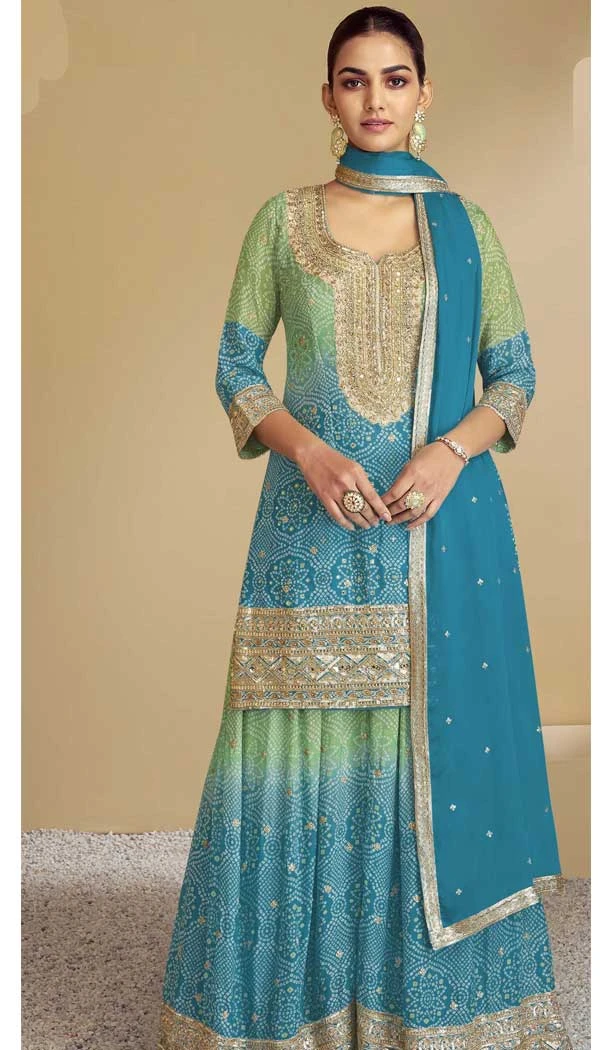 Blue Chinon Sequins Work Palazzo Salwar Suit - 10940197331