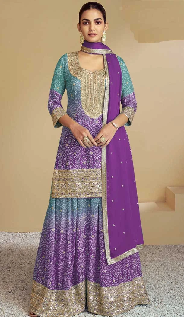 Purple Blue Chinon Sequins Work Palazzo Salwar Suit - 10940197332