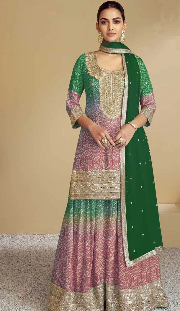 Pink Green Chinon Sequins Work Palazzo Salwar Suit - 10940197333