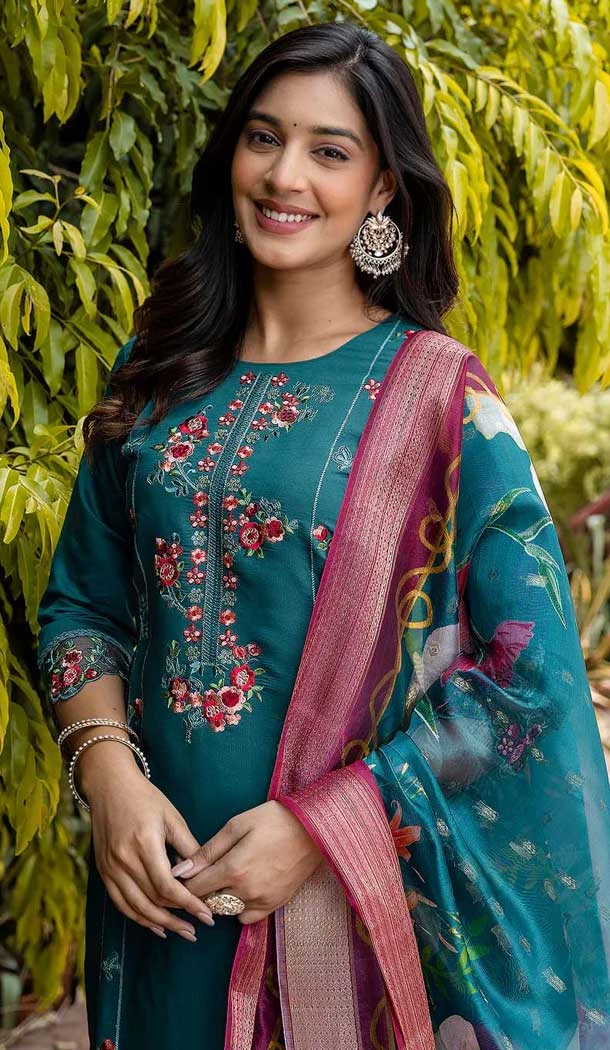 Roman Silk Embroidered Party Wear Salwar Kameez In Morpeach - 10958197545