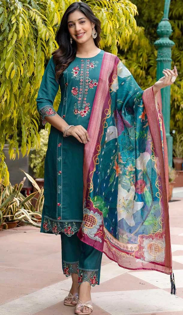 Roman Silk Embroidered Party Wear Salwar Kameez In Morpeach - 10958197545