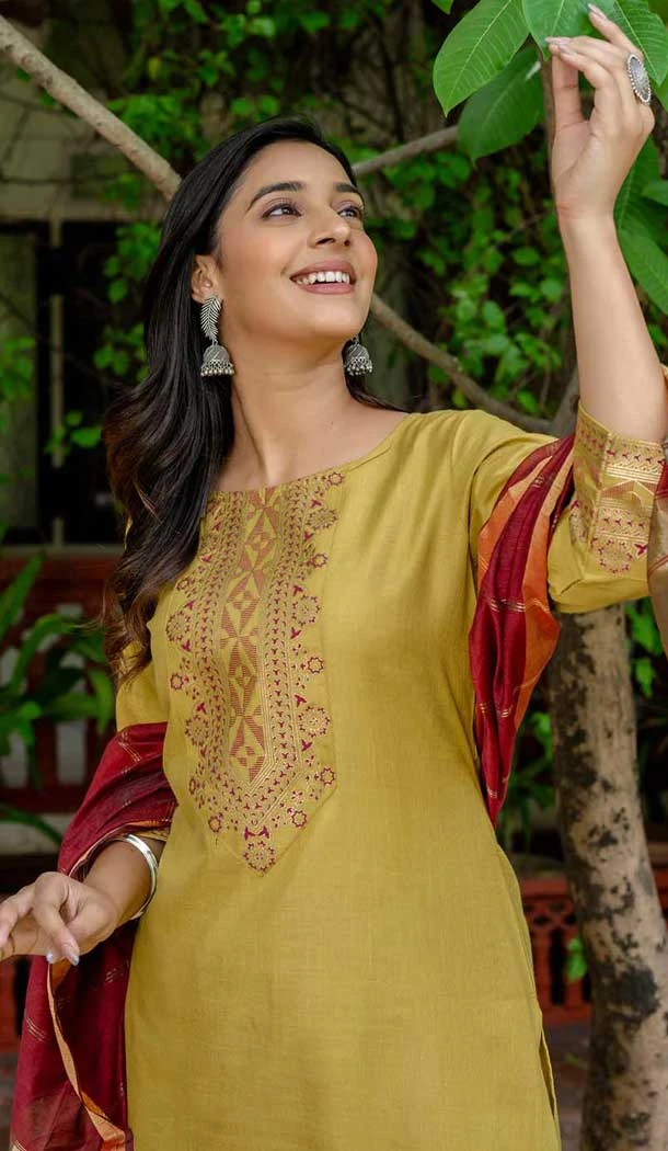 Cotton Blend Embroidered Party Wear Salwar Kameez In Yellow - 10958197547