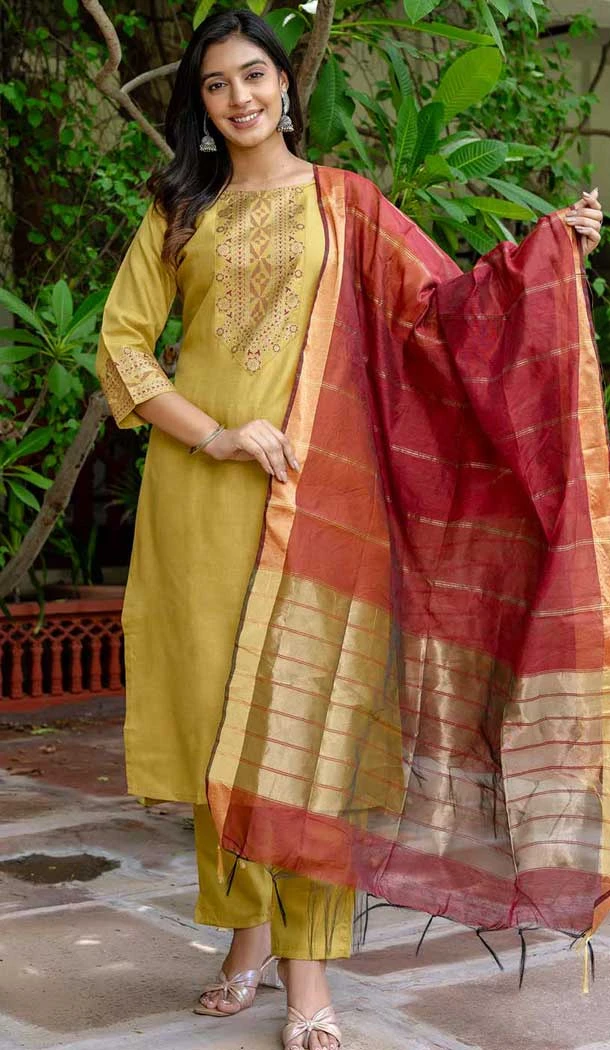Cotton Blend Embroidered Party Wear Salwar Kameez In Yellow - 10958197547