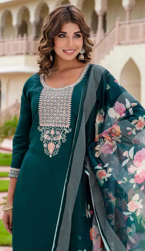 Rayon Embroidered Party Wear Salwar Suit In Green - 10959197549