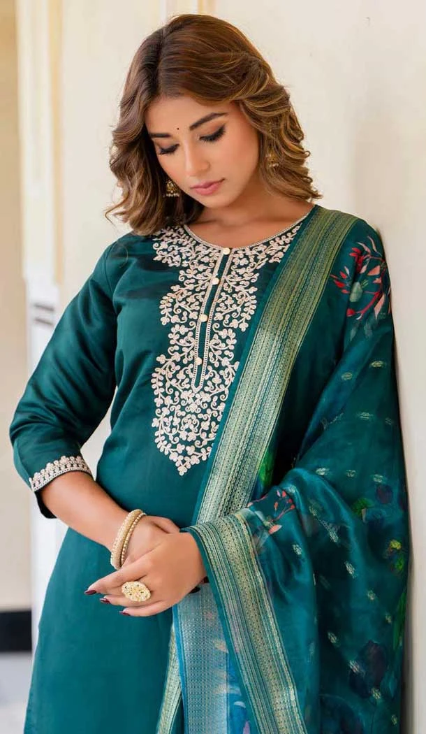 Rayon Embroidered Party Wear Salwar Suit In Dark Green - 10959197550