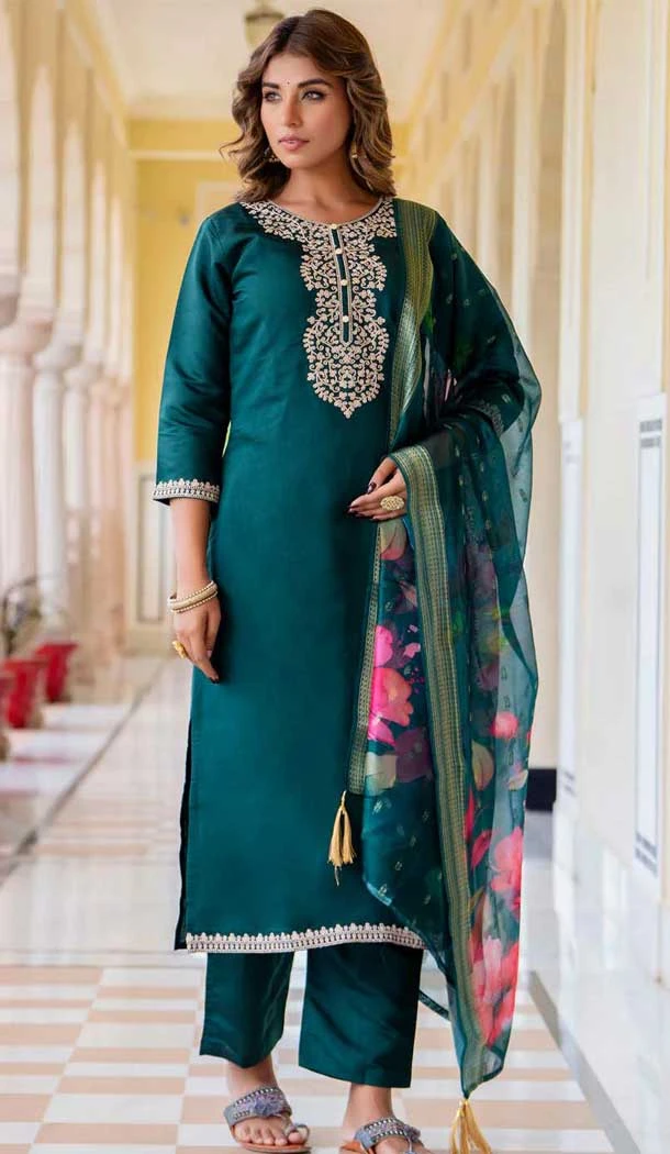 Rayon Embroidered Party Wear Salwar Suit In Dark Green - 10959197550