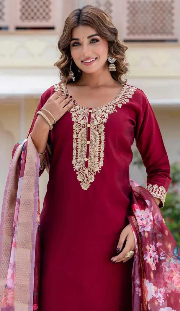 Maroon Rayon Embroidered Party Wear Salwar Suit - 10959197551