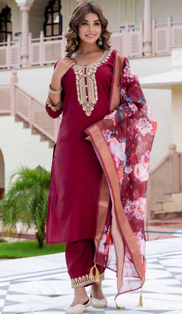 Maroon Rayon Embroidered Party Wear Salwar Suit - 10959197551