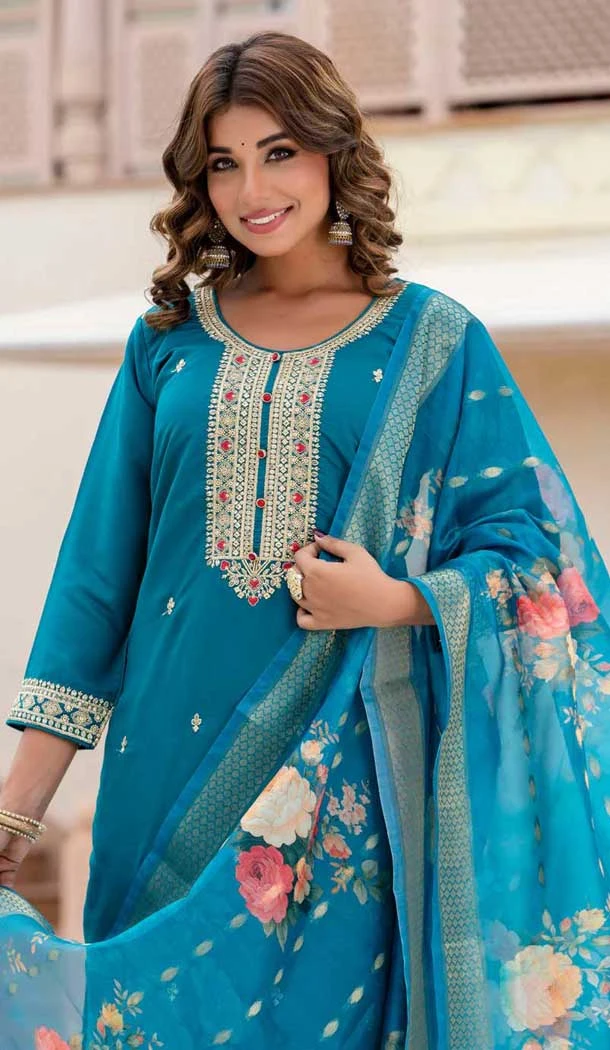 Rayon Embroidered Party Wear Salwar Suit In Rama Blue - 10959197552
