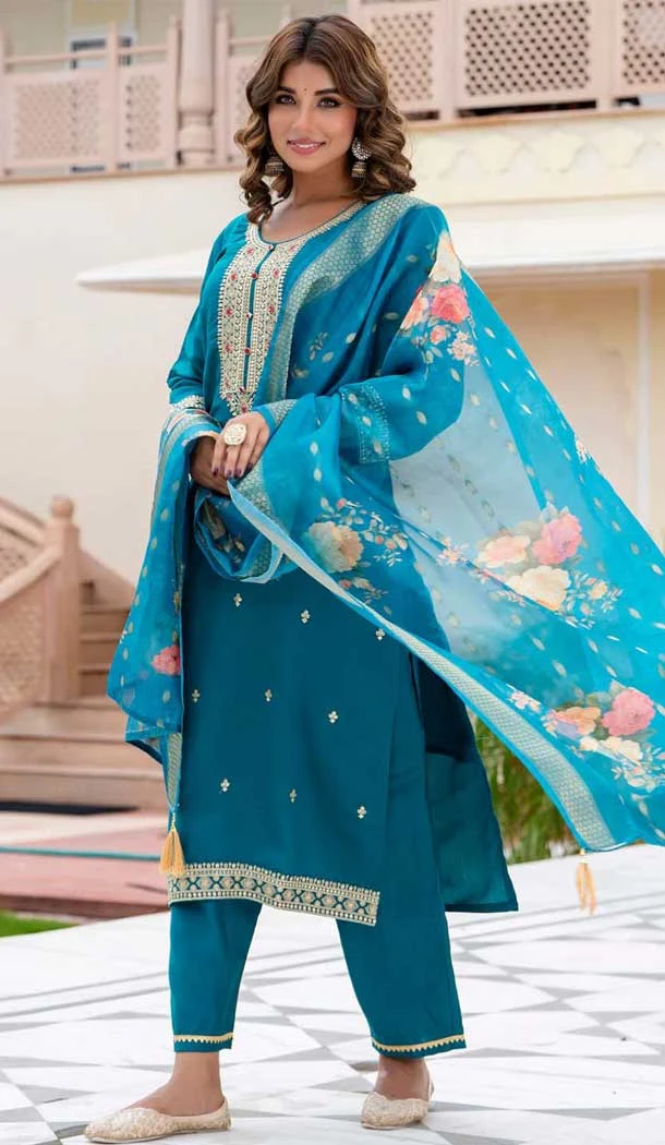 Rayon Embroidered Party Wear Salwar Suit In Rama Blue - 10959197552