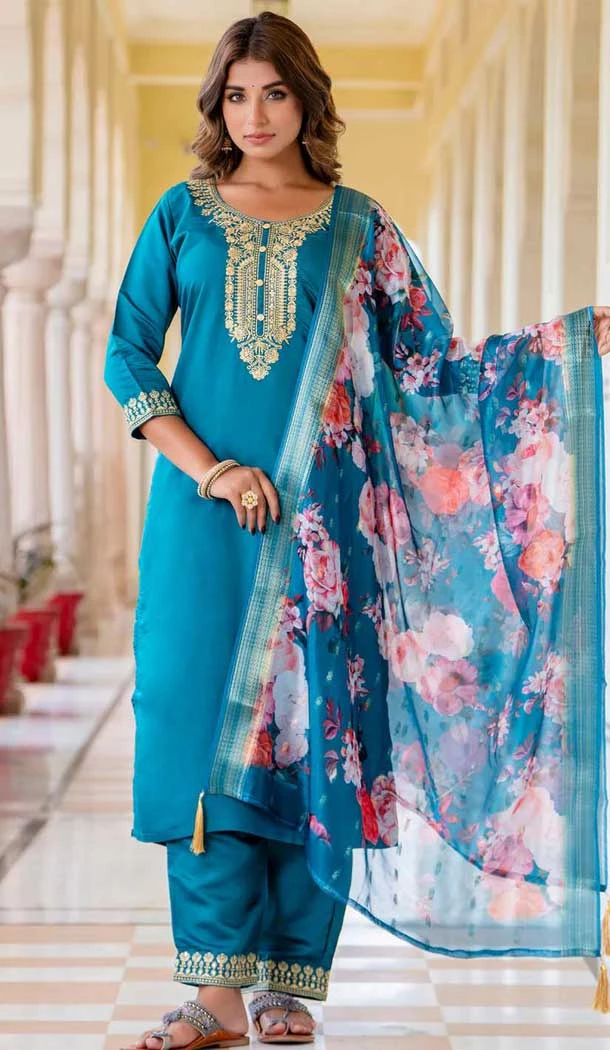Rayon Embroidered Party Wear Salwar Suit In Dark Rama Blue - 10959197553