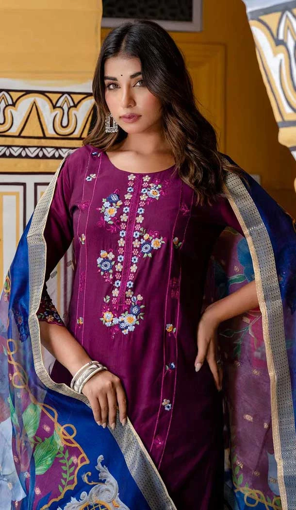 Roman Silk Embroidered Party Wear Salwar Suit In Purple - 10959197554