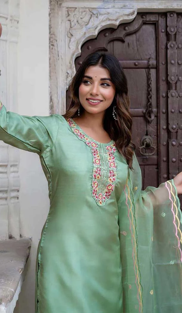 Silk Blend Embroidered Party Wear Salwar Suit In Pista Green - 10959197555