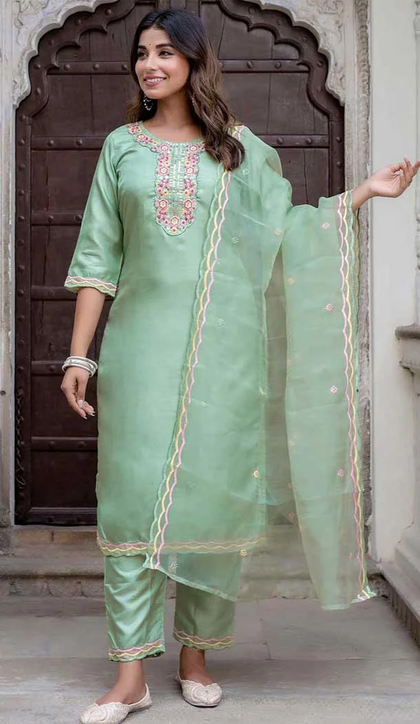 Silk Blend Embroidered Party Wear Salwar Suit In Pista Green - 10959197555