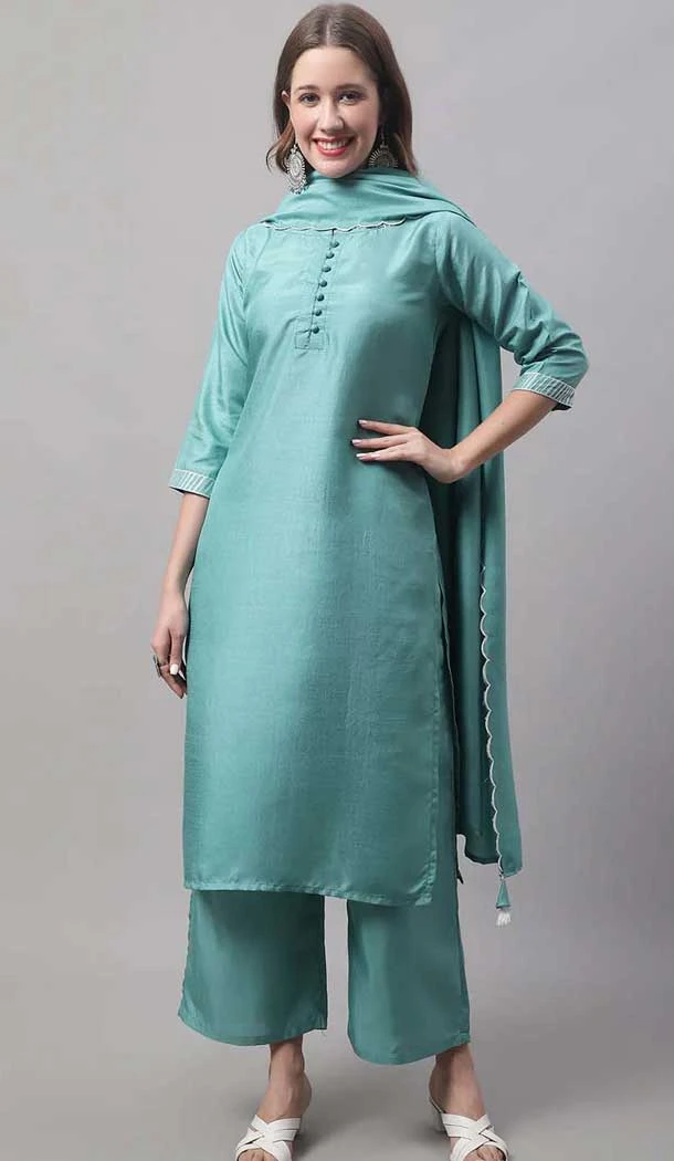 Blue Silk Blend Plain Work Party Wear Palazzo Salwar Suit - 10960197556